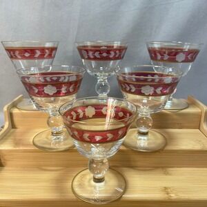 Vintage Cranberry Etched Glass Sherbet Coupes Set of 6 Gold Rim Floral Bohemian
